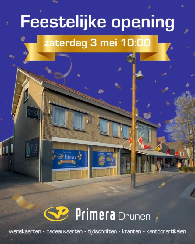 Drunen krijgt een grote, splinternieuwe Primera!
Op zaterdag 3 mei om 10:00 opent een gloednieuwe Primera haar deuren aan de Grotestraat 140a. Primera is een echte gemakswinkel met een breed assortiment aan kantoorartikelen, wens- en cadeaukaarten, dagbladen, tijdschriften, boeken, loterijproducten, kalenders en agenda’s, telefoonaccessoires, tabak en rookaccessoires.
Even naar Primera...
Primera is een toegankelijke winkel waar persoonlijke service op nummer één staat. Je kunt er terecht voor een spannend boek, maar ook voor meer dan 150 verschillende cadeaukaarten en een ruime keuze aan wenskaarten en cadeaus. Daarnaast komt er een PostNL-punt en een Geldmaat in de winkel en kun je er ook pasfoto’s laten maken.
Nieuw team
Om de winkel compleet te maken, stelt Primera een heel nieuw team samen. "We hebben een fijne mix van ervaren en divers personeel, zodat de winkel een succes kan worden," aldus Arie, regiomanager. Het team staat te popelen om jullie straks te verwelkomen in de nieuwe winkel.
Sanders Retail Groep
De nieuwe gemakswinkel is onderdeel van Sanders Retail Groep. Deze groep opende eerder al HEMA in Drunen (2007) en in Waalwijk (1961). Eerder openden zij in 2019 ook een Primera in Heesch en in 2024 een ReadShop in Oss. Deze formules smaakten naar meer met een uitbreiding in Drunen als gevolg.
Feestelijke opening
Zodra de winkel helemaal af is, kunnen bezoekers rekenen op een moderne en frisse winkel volgens de nieuwste winkelformule van Primera. Om dit te vieren zijn er vier weken lang aantrekkelijke acties, waarmee klanten het brede assortiment kunnen ontdekken.

📲 Op de hoogte blijven van de opening? Volg Primera Drunen via Instagram en Facebook!

 #drunen #elshout #heusden #drunenduinendorp #samenwerking #PRIMERA #primera